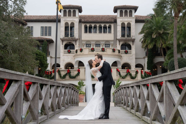 Winter Sea Island Wedding Featuring a Custom Anne Barge Wedding Gown